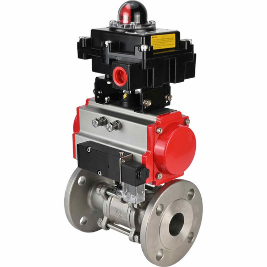 Stainless steel ball valve DNOVA BVFPT-ISO.316.180 three-part, body material - stainless steel SS316, seal - PTFE, flanged, full port, pneumatic actuator DNOVA DA, pneumatic distributor 4M310-08 220 V, limit switch block APL-410N EX