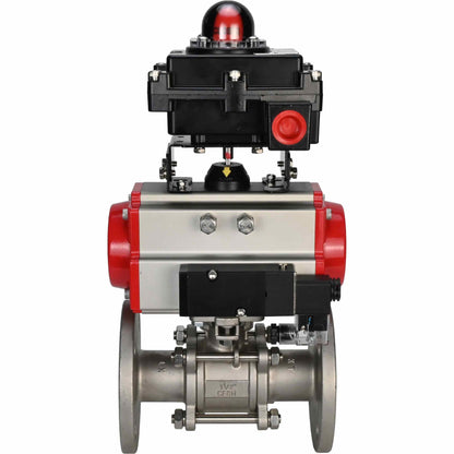 Stainless steel ball valve DNOVA BVFPT-ISO.304.180 three-part, body material - stainless steel SS304, seal - PTFE, flanged, full port, pneumatic actuator DNOVA SA, pneumatic distributor 4M310-08 24 V, limit switch block APL-410N EX