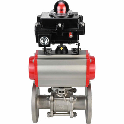 Stainless steel ball valve DNOVA BVFPT-ISO.304.180 three-part, body material - stainless steel SS304, seal - PTFE, flanged, full port, pneumatic actuator DNOVA SA, pneumatic distributor 4M310-08 24 V, limit switch block APL-410N EX
