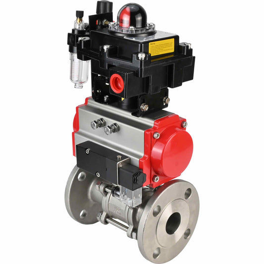 Stainless steel ball valve DNOVA BVFPT-ISO.304.180 three-part, body material - stainless steel SS304, seal - PTFE, flanged, full port, pneumatic actuator DNOVA DA, pneumatic distributor 4M310-08 24 V, limit switch block APL-410N EX, air