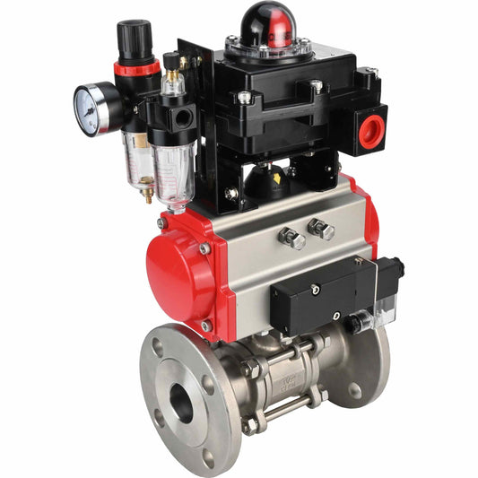 Stainless steel ball valve DNOVA BVFPT-ISO.316.180 three-part, body material - stainless steel SS316, seal - PTFE, flanged, full port, pneumatic actuator DNOVA DA, pneumatic distributor 4M310-08 24 V, limit switch block APL-410N EX, air