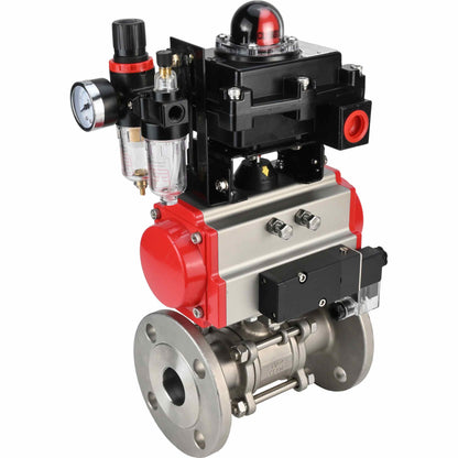 Stainless steel ball valve DNOVA BVFPT-ISO.304.180 three-part, body material - stainless steel SS304, seal - PTFE, flanged, full port, pneumatic actuator DNOVA DA, pneumatic distributor 4M310-08 220 V, limit switch block APL-410N EX, air