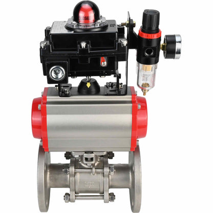 Stainless steel ball valve DNOVA BVFPT-ISO.304.180 three-part, body material - stainless steel SS304, seal - PTFE, flanged, full port, pneumatic actuator DNOVA DA, pneumatic distributor 4M310-08 24 V, limit switch block APL-410N EX, air