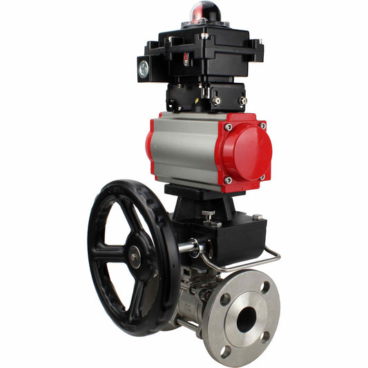 Stainless steel ball valve DNOVA BVFPT-ISO.304.180 three-part, body material - stainless steel SS304, seal - PTFE, flanged, full port, pneumatic actuator DNOVA DA, pneumatic distributor 4M310-08 220 V, limit switch block APL-410N EX, manual