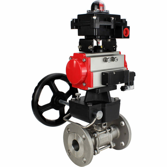 Stainless steel ball valve DNOVA BVFPT-ISO.304.180 three-part, body material - stainless steel SS304, seal - PTFE, flanged, full port, pneumatic actuator DNOVA DA, pneumatic distributor 4M310-08 24 V, limit switch block APL-410N EX, manual
