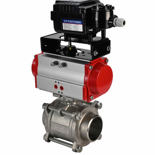 صمام كروي من الفولاذ المقاوم للصدأ DNOVA kshpp-316200-sa-yt1000rsi، مادة الجسم - الفولاذ المقاوم للصدأ AISI 316، مادة الكرة - الفولاذ المقاوم للصدأ AISI 316، الختم - PTFE، يعمل بواسطة مشغل هوائي