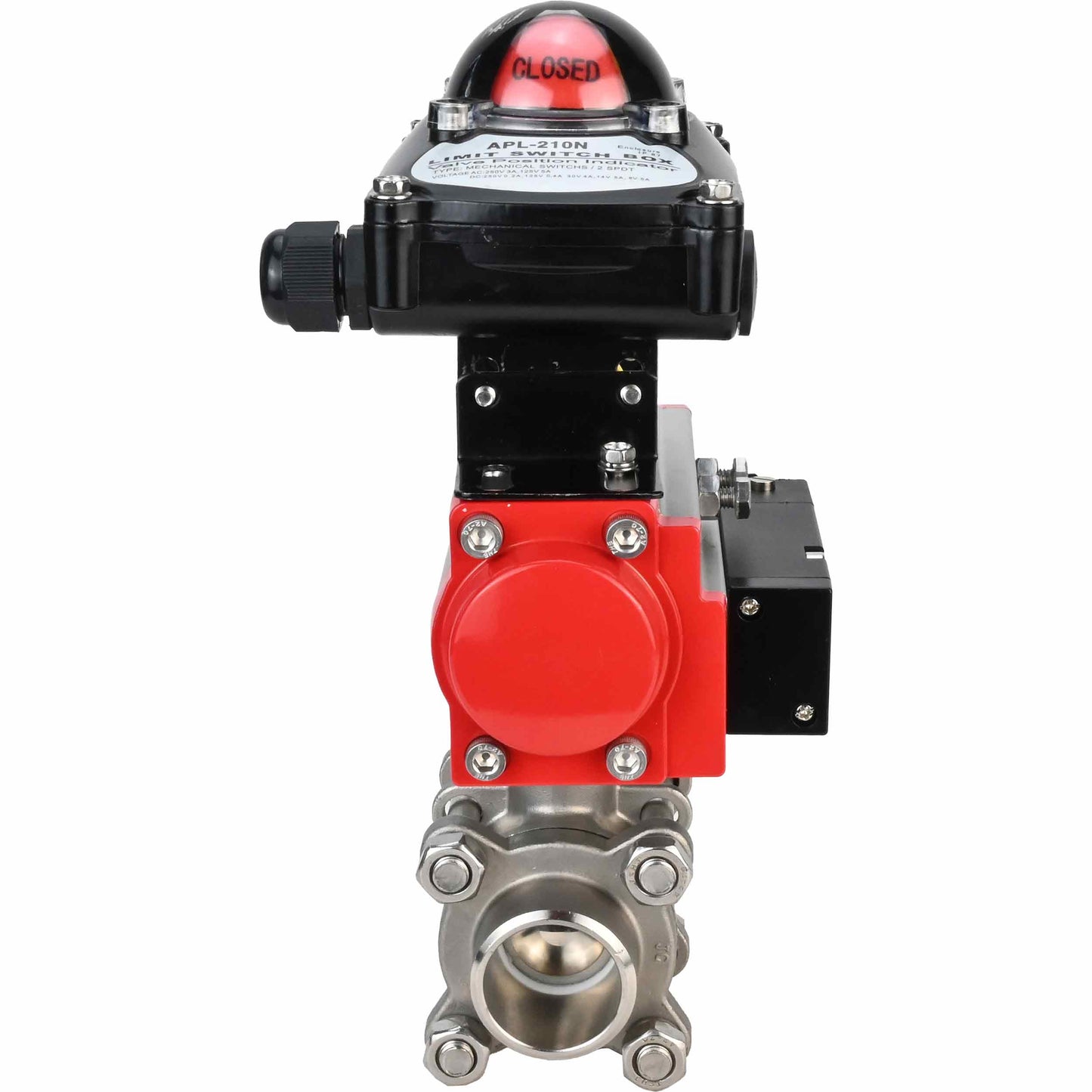 Stainless steel ball valve DNOVA kshpp-316200-sa-4m310-24-apl210n, body material - stainless steel AISI 316, ball material - stainless steel AISI 316, seal - PTFE, pneumatic actuator operated