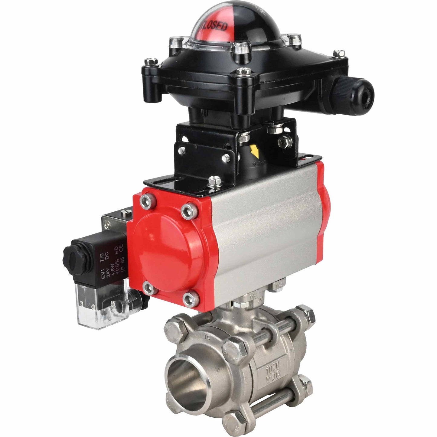 Stainless steel ball valve DNOVA kshpp-316200-sa-4m310-24-apl210n, body material - stainless steel AISI 316, ball material - stainless steel AISI 316, seal - PTFE, pneumatic actuator operated