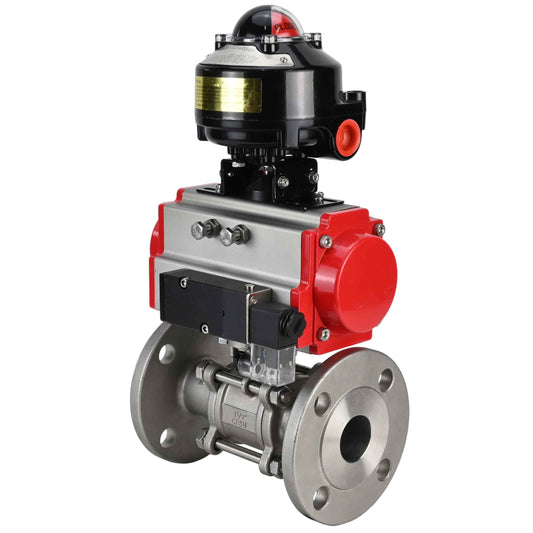 Ball valves DNOVA BV3131P(3pc)-FP-F-ISO-H flanged, full bore, three-piece, body - stainless steel SS304, seal - PTFE, with pneumatic actuator DNOVA PA-SA 065-160 pneumatic distributor 4M310- 08 24V LSU APL-510N-EX