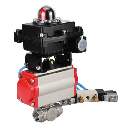 Ball valves DNOVA BV3232P(4pc)-SP-3WL-T-ISO-H,  body material - Stainless steel AISI 316, seal - PTFE / PTFE / Teflon, with pneumatic actuator with return springs PA-SA, 4V320-08 220V, LSU APL-410N Ex