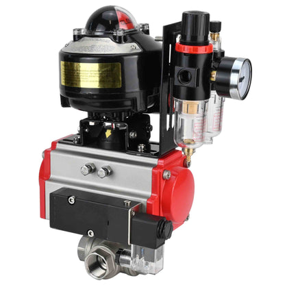 Ball valves DNOVA BV3232P-SP-3L-T 3-way L-type, threaded, standard bore, stainless steel body. steel SS316, seal - PTFE, with pneumatic drive DNOVA PA-SA 052-105 pneumatic distributor 4M310-08 NAMUR 220V ATU AFC2000 APL-510N-EX