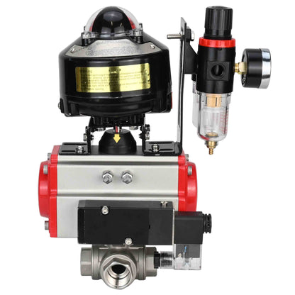 Ball valves DNOVA BV3232P-SP-3L-T 3-way L-type, threaded, standard bore, stainless steel body. steel SS316, seal - PTFE, with pneumatic drive DNOVA PA-SA 052-105 pneumatic distributor 4M310-08 NAMUR 220V ATU AFC2000 APL-510N-EX