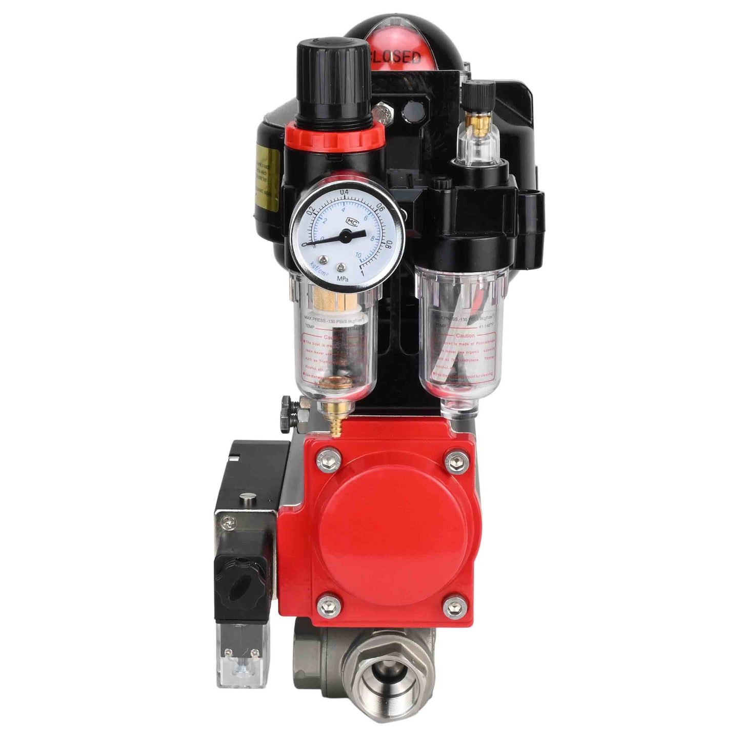 Ball valves DNOVA BV3232P-SP-3L-T 3-way L-type, threaded, standard bore, stainless steel body. steel SS316, seal - PTFE, with pneumatic drive DNOVA PA-DA 052-083 pneumatic distributor 4M310-08 NAMUR 220V ATU AFC2000 LSU APL-510N-EX