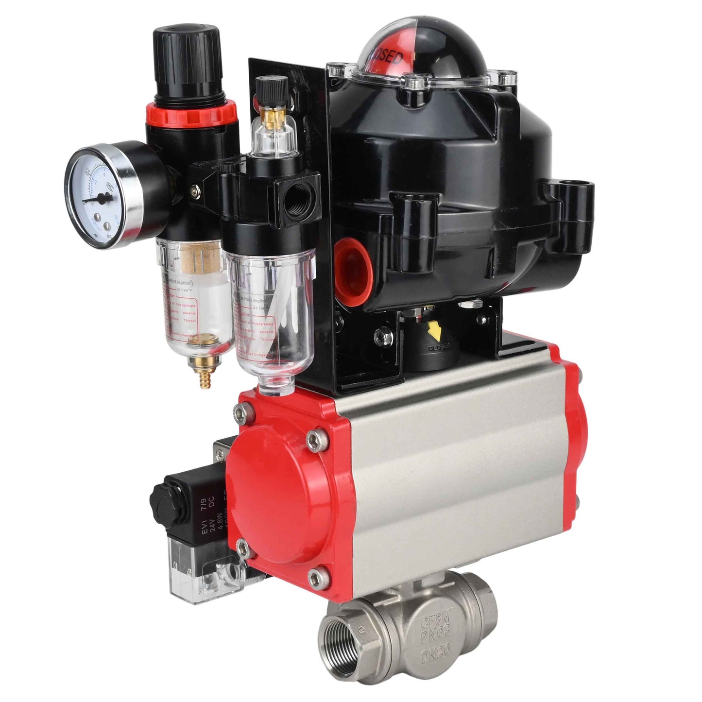 Ball valves DNOVA BV3232P-SP-3L-T 3-way L-type, threaded, standard bore, stainless steel body. steel SS316, seal - PTFE, with pneumatic drive DNOVA PA-SA 052-105 pneumatic distributor 4M310-08 NAMUR 220V ATU AFC2000 APL-510N-EX