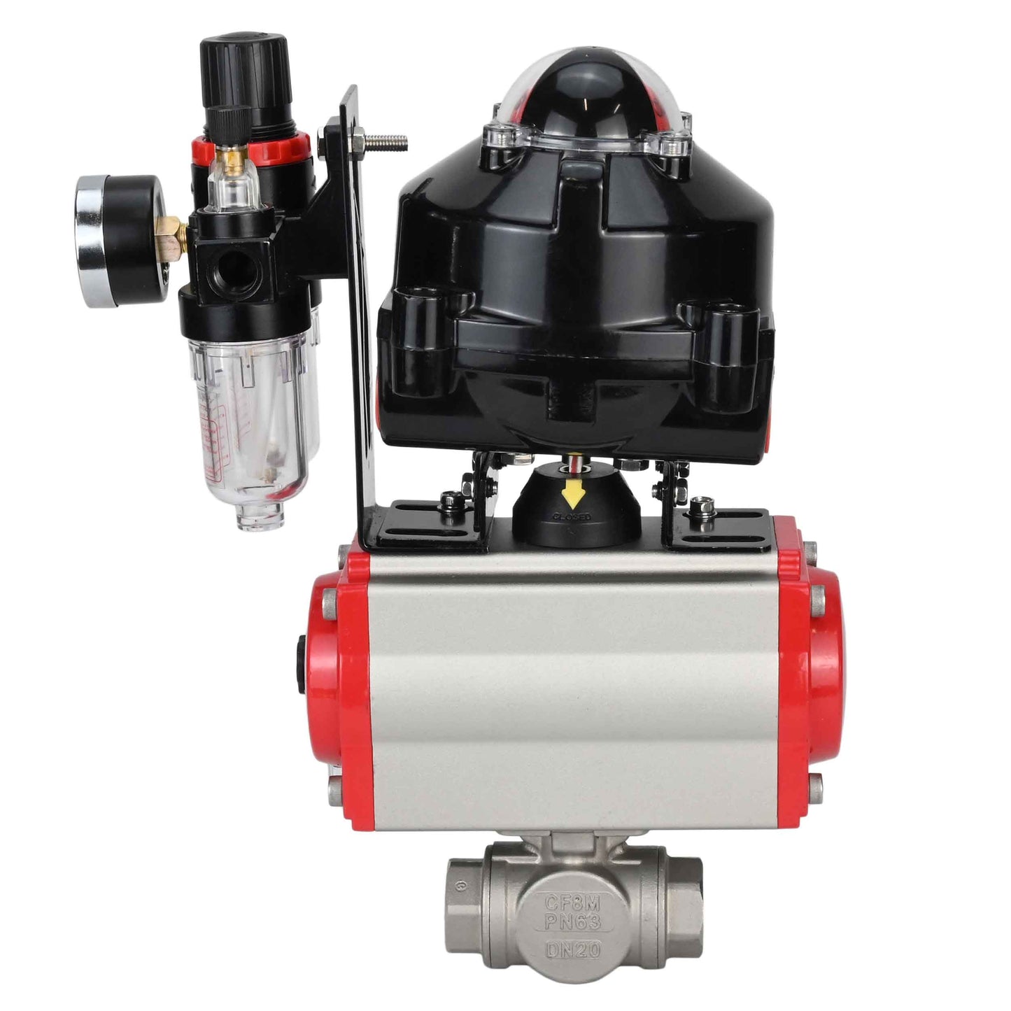 Ball valves DNOVA BV3232P-SP-3L-T 3-way L-type, threaded, standard bore, stainless steel body. steel SS316, seal - PTFE, with pneumatic drive DNOVA PA-SA 052-105 pneumatic distributor 4M310-08 NAMUR 220V ATU AFC2000 APL-510N-EX