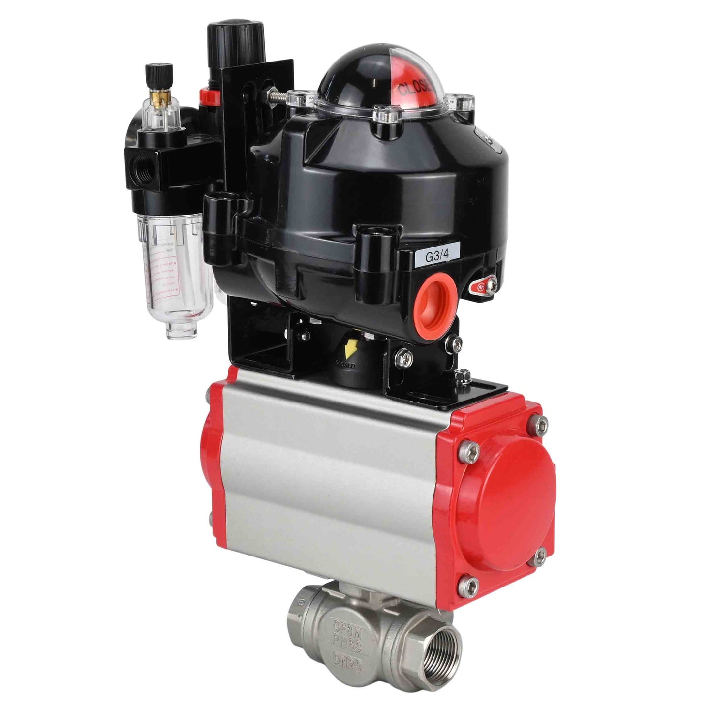 Ball valves DNOVA BV3232P-SP-3L-T 3-way L-type, threaded, standard bore, stainless steel body. steel SS316, seal - PTFE, with pneumatic drive DNOVA PA-SA 052-105 pneumatic distributor 4M310-08 NAMUR 220V ATU AFC2000 APL-510N-EX