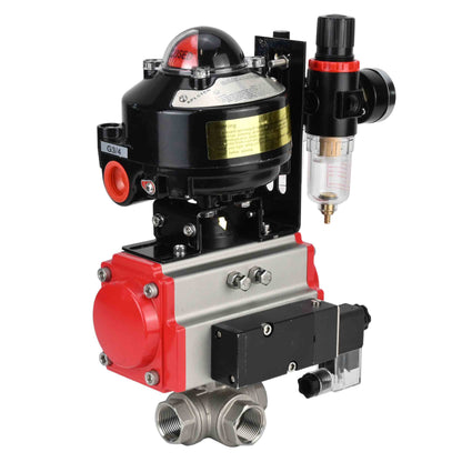 Ball valves DNOVA BV3232P-SP-3L-T 3-way L-type, threaded, standard bore, stainless steel body. steel SS316, seal - PTFE, with pneumatic drive DNOVA PA-SA 052-105 pneumatic distributor 4M310-08 NAMUR 220V ATU AFC2000 APL-510N-EX