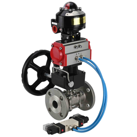 Ball valves DNOVA BV3131P(3pc)-FP-F-ISO-H flanged, full bore, three-piece, stainless steel body. steel SS304, seal - PTFE, with pneumatic drive DNOVA PA-DA 052-130 pneumatic distributor 4V320-08 gearbox MON LSU APL-510N-EX