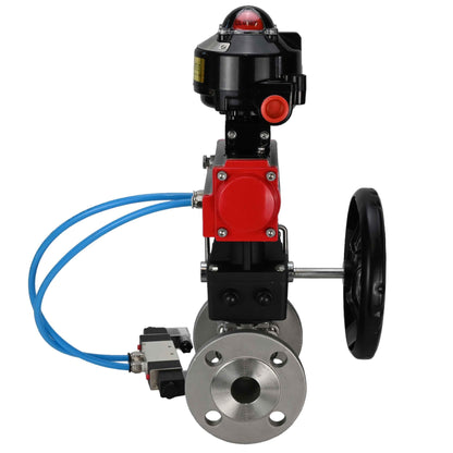 Ball valves DNOVA BV3131P(3pc)-FP-F-ISO-H flanged, full bore, three-piece, stainless steel body. steel SS304, seal - PTFE, with pneumatic drive DNOVA PA-DA 052-130 pneumatic distributor 4V320-08 gearbox MON LSU APL-510N-EX