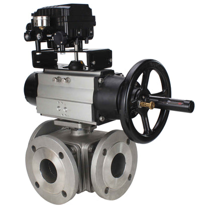 Ball valves DNOVA BV3232P(4pc)-FP-3WL-F-ISO-H DN100 16 bar full bore, flanged, body - stainless steel SS316, ISO flange F10/F12, square 19x19, with double pneumatic actuator PA-DA-105-1 action and pneumatic positioner YT-1000RSN with feedback
