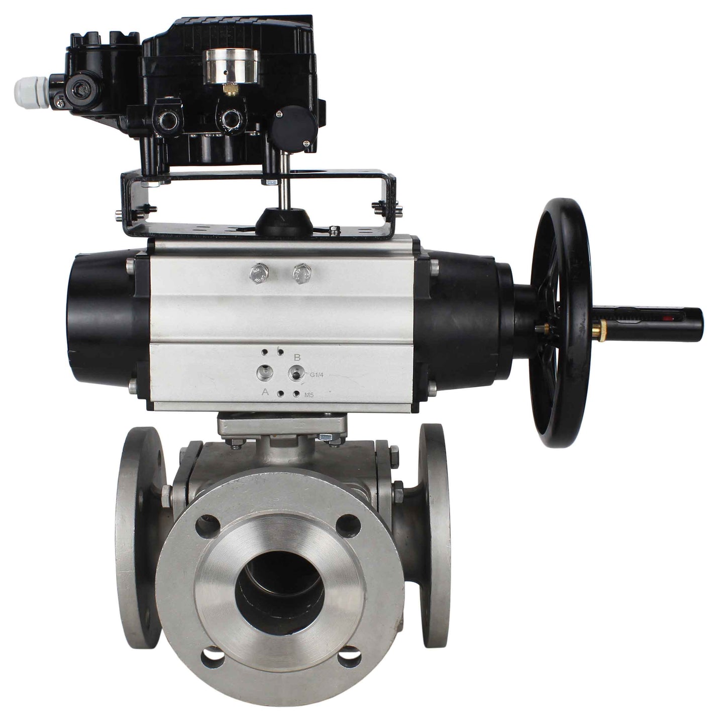 Ball valves DNOVA BV3232P(4pc)-FP-3WL-F-ISO-H DN100 16 bar full bore, flanged, body - stainless steel SS316, ISO flange F10/F12, square 19x19, with double pneumatic actuator PA-DA-105-1 action and pneumatic positioner YT-1000RSN with feedback