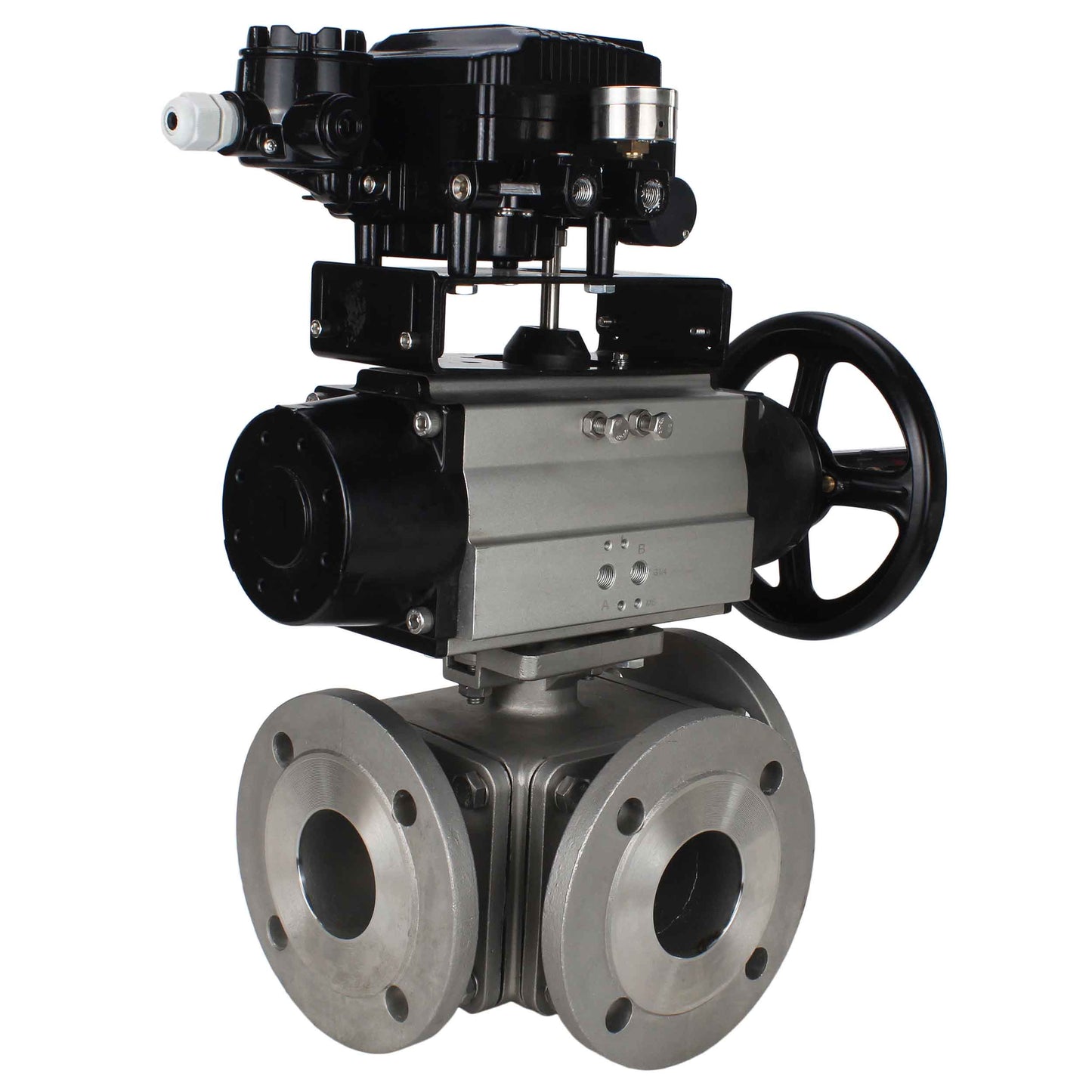 Ball valves DNOVA BV3232P(4pc)-FP-3WL-F-ISO-H DN100 16 bar full bore, flanged, body - stainless steel SS316, ISO flange F10/F12, square 19x19, with double pneumatic actuator PA-DA-105-1 action and pneumatic positioner YT-1000RSN with feedback