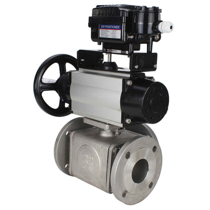 Ball valves DNOVA BV3232P(4pc)-FP-3WL-F-ISO-H DN100 16 bar full bore, flanged, body - stainless steel SS316, ISO flange F10/F12, square 19x19, with double pneumatic actuator PA-DA-105-1 action and pneumatic positioner YT-1000RSN with feedback