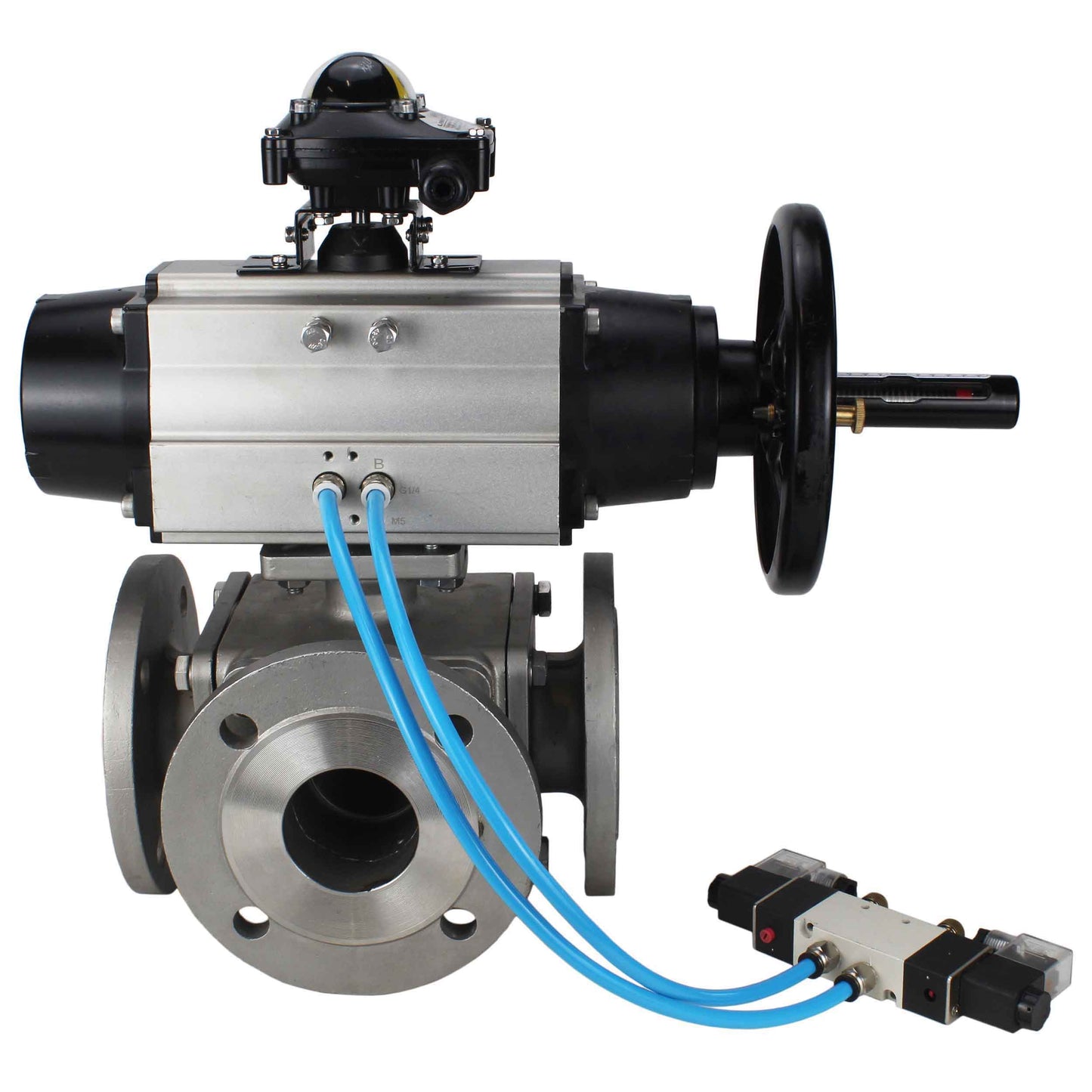 Ball valves DNOVA BV3232P(4pc)-FP-3WL-F-ISO-H DN100 16 bar full bore, flanged, body - stainless steel SS316, ISO flange F10/F12, square 19x19, with double pneumatic actuator PA-DA-105-1 action, pneumatic distributor 4V320-10 220V and LSU APL-210N