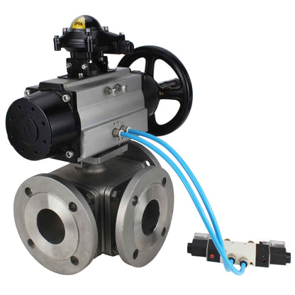 Ball valves DNOVA BV3232P(4pc)-FP-3WL-F-ISO-H DN100 16 bar full bore, flanged, body - stainless steel SS316, ISO flange F10/F12, square 19x19, with double pneumatic actuator PA-DA-105-1 action, pneumatic distributor 4V320-10 220V and LSU APL-210N