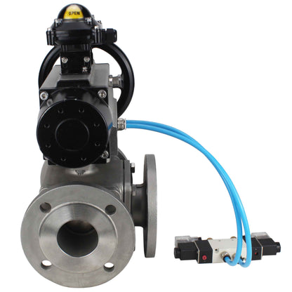Ball valves DNOVA BV3232P(4pc)-FP-3WL-F-ISO-H DN100 16 bar full bore, flanged, body - stainless steel SS316, ISO flange F10/F12, square 19x19, with double pneumatic actuator PA-DA-105-1 action, pneumatic distributor 4V320-10 220V and LSU APL-210N