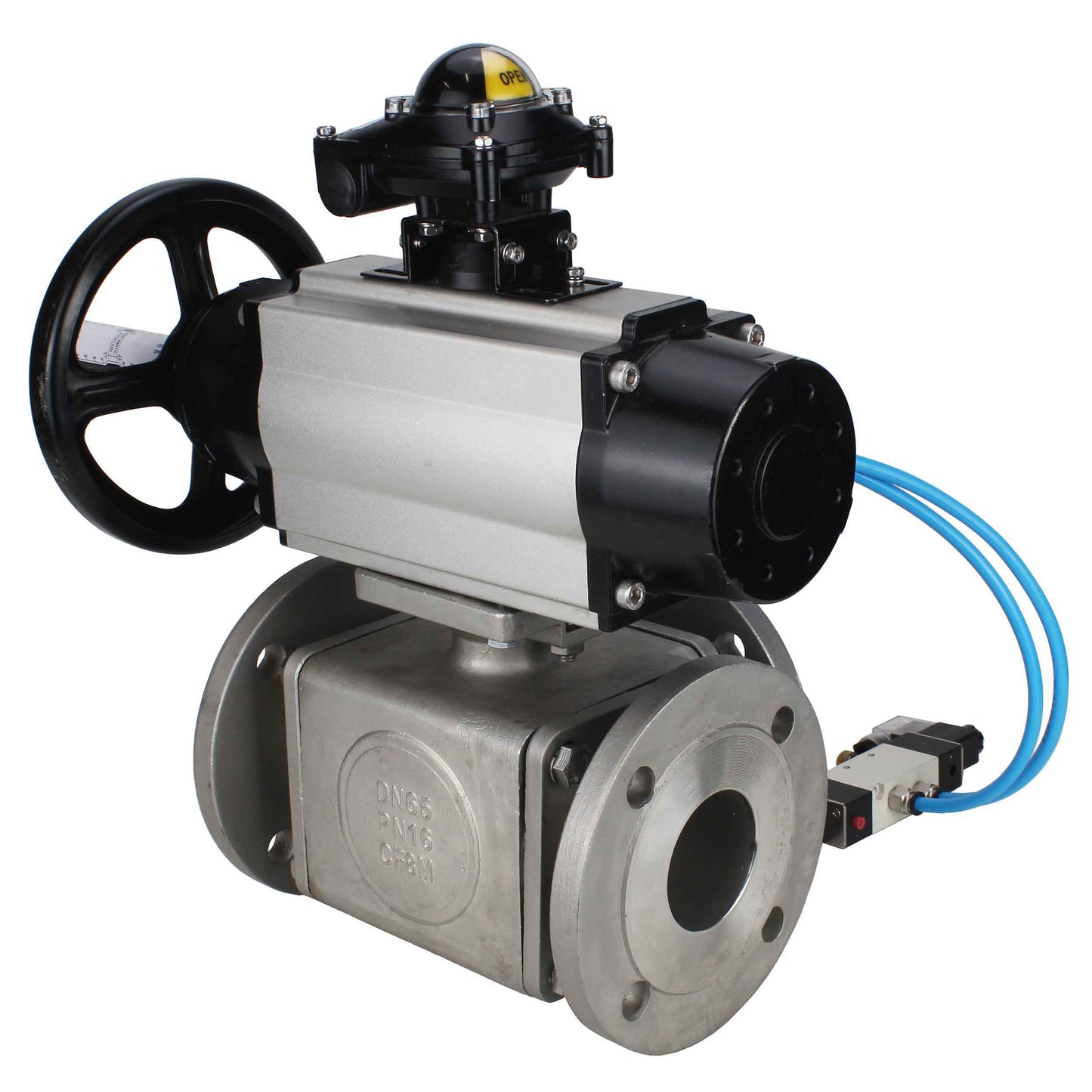 Ball valves DNOVA BV3232P(4pc)-FP-3WL-F-ISO-H DN100 16 bar full bore, flanged, body - stainless steel SS316, ISO flange F10/F12, square 19x19, with double pneumatic actuator PA-DA-105-1 action, pneumatic distributor 4V320-10 220V and LSU APL-210N
