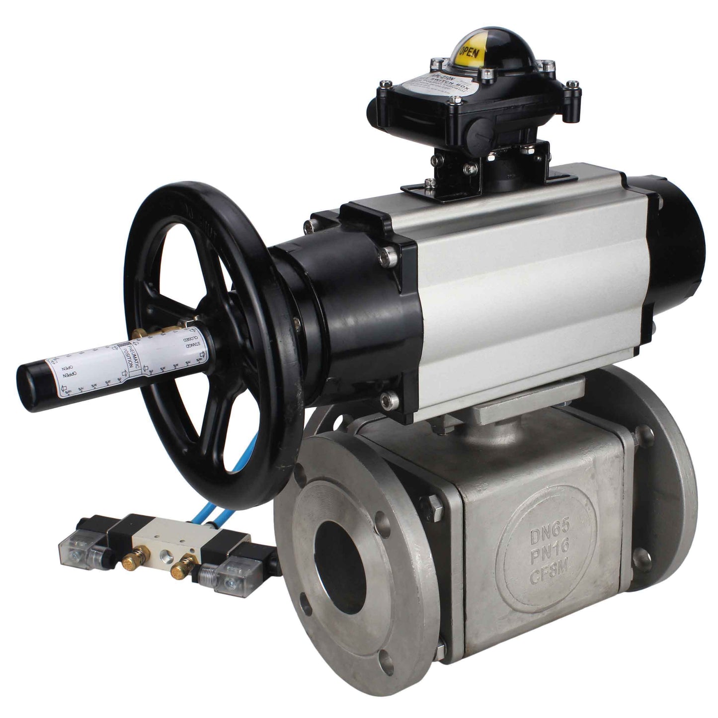 Ball valves DNOVA BV3232P(4pc)-FP-3WL-F-ISO-H DN100 16 bar full bore, flanged, body - stainless steel SS316, ISO flange F10/F12, square 19x19, with double pneumatic actuator PA-DA-105-1 action, pneumatic distributor 4V320-10 220V and LSU APL-210N