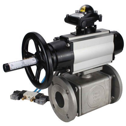 Ball valves DNOVA BV3232P(4pc)-FP-3WL-F-ISO-H DN100 16 bar full bore, flanged, body - stainless steel SS316, ISO flange F10/F12, square 19x19, with double pneumatic actuator PA-DA-105-1 action, pneumatic distributor 4V320-10 220V and LSU APL-210N