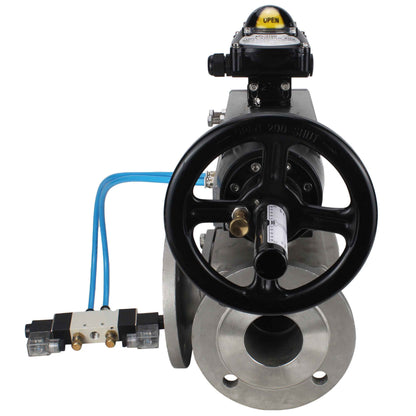 Ball valves DNOVA BV3232P(4pc)-FP-3WL-F-ISO-H DN100 16 bar full bore, flanged, body - stainless steel SS316, ISO flange F10/F12, square 19x19, with double pneumatic actuator PA-DA-105-1 action, pneumatic distributor 4V320-10 220V and LSU APL-210N