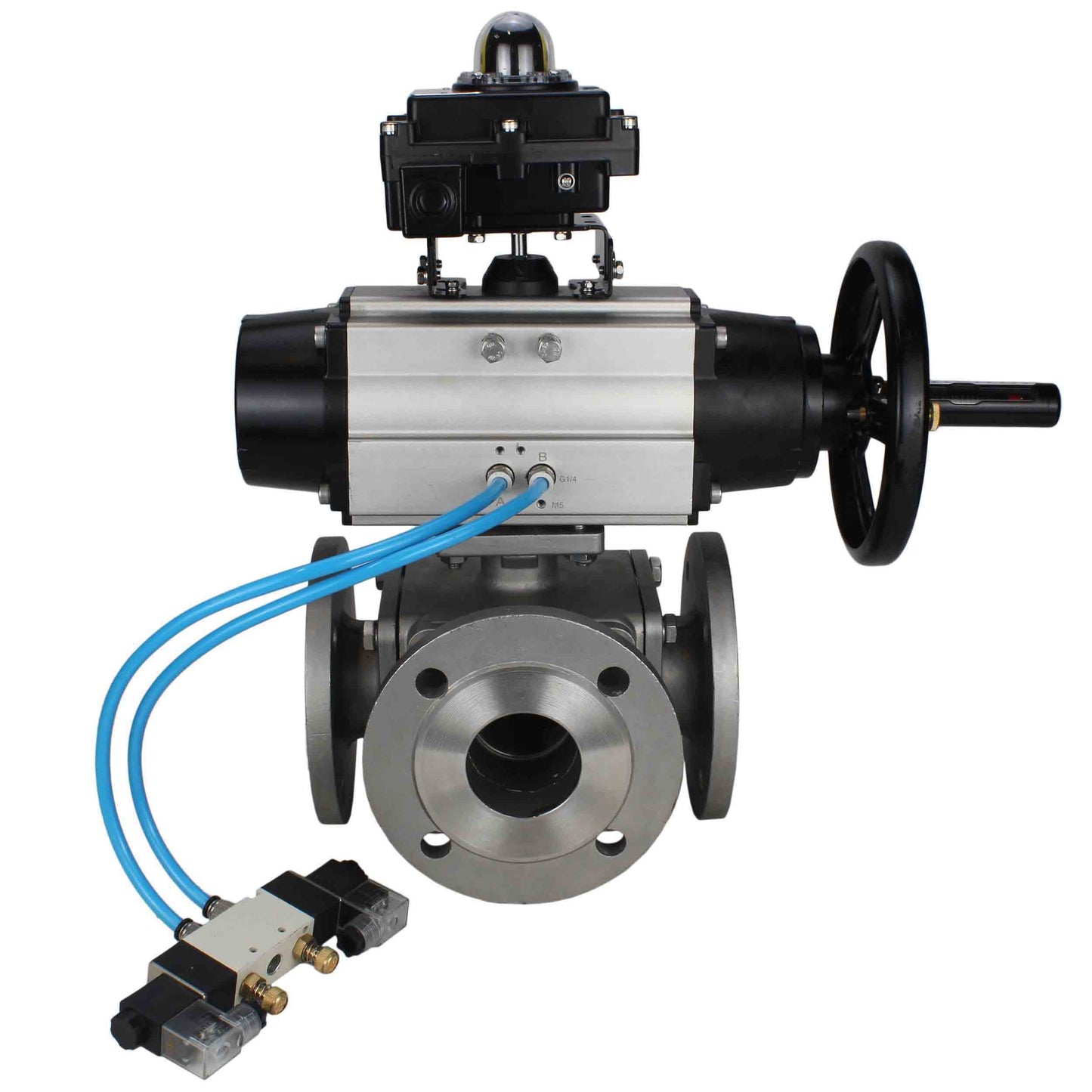 Ball valves DNOVA BV3232P(4pc)-FP-3WL-F-ISO-H DN100 16 bar full bore, flanged, body - stainless steel SS316, ISO flange F10/F12, square 19x19, with double pneumatic actuator PA-DA-105-1 action, pneumatic distributor 4V320-10 220V and LSU APL-410N E