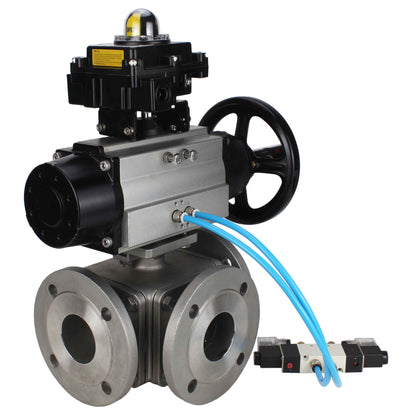 Ball valves DNOVA BV3232P(4pc)-FP-3WL-F-ISO-H DN100 16 bar full bore, flanged, body - stainless steel SS316, ISO flange F10/F12, square 19x19, with double pneumatic actuator PA-DA-105-1 action, pneumatic distributor 4V320-10 220V and LSU APL-410N E