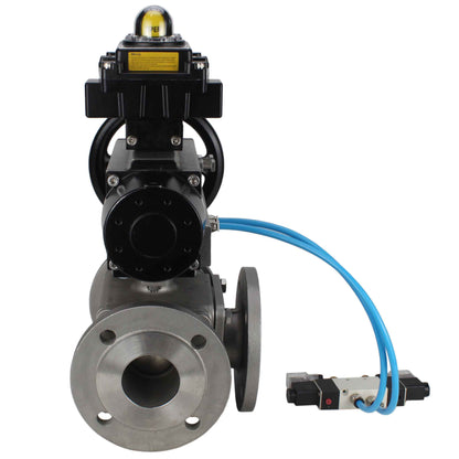 Ball valves DNOVA BV3232P(4pc)-FP-3WL-F-ISO-H DN100 16 bar full bore, flanged, body - stainless steel SS316, ISO flange F10/F12, square 19x19, with double pneumatic actuator PA-DA-105-1 action, pneumatic distributor 4V320-10 220V and LSU APL-410N E