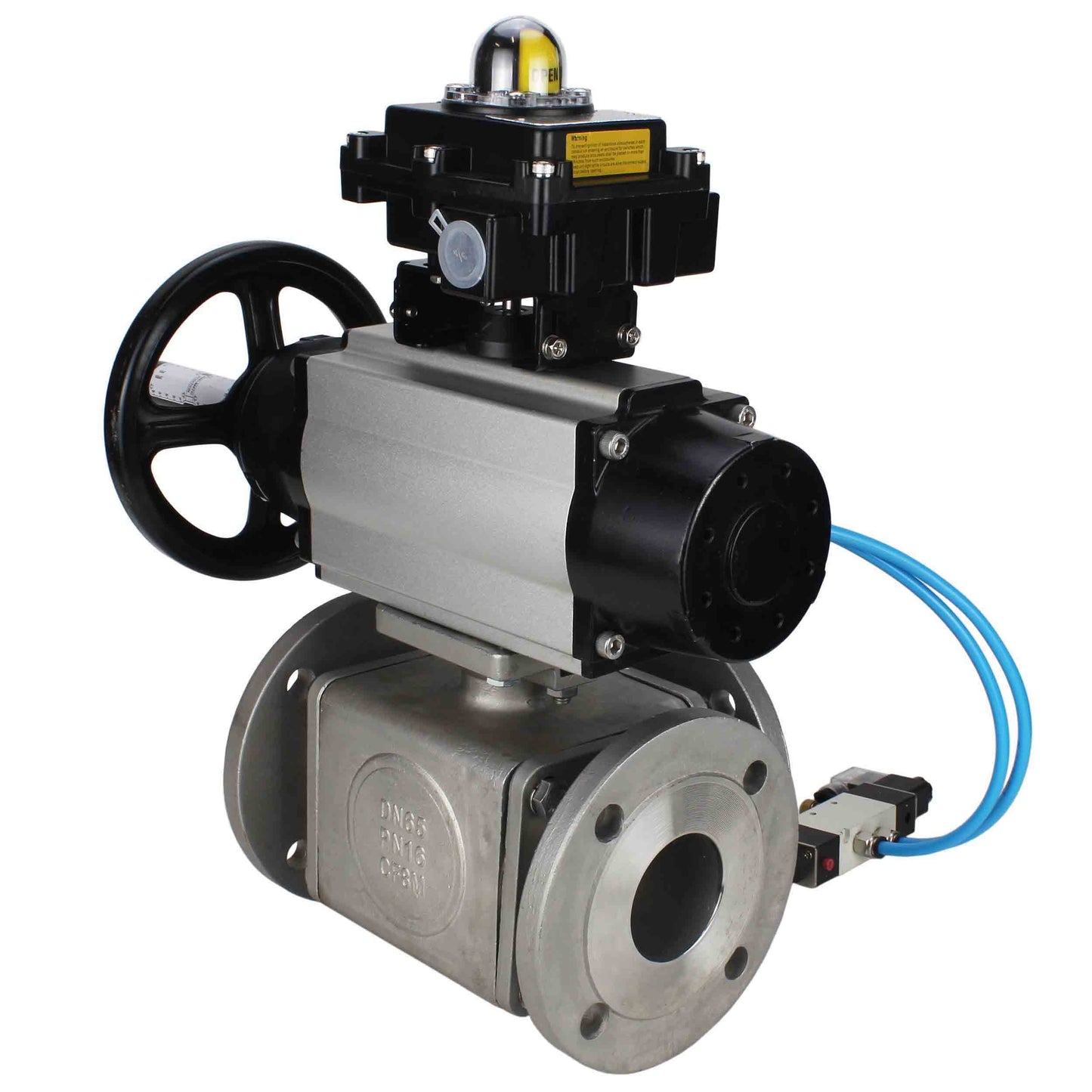 Ball valves DNOVA BV3232P(4pc)-FP-3WL-F-ISO-H DN100 16 bar full bore, flanged, body - stainless steel SS316, ISO flange F10/F12, square 19x19, with double pneumatic actuator PA-DA-105-1 action, pneumatic distributor 4V320-10 220V and LSU APL-410N E