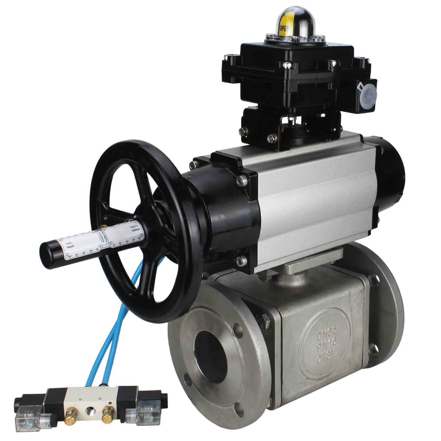 Ball valves DNOVA BV3232P(4pc)-FP-3WL-F-ISO-H DN100 16 bar full bore, flanged, body - stainless steel SS316, ISO flange F10/F12, square 19x19, with double pneumatic actuator PA-DA-105-1 action, pneumatic distributor 4V320-8 220V and LSU APL-410N EX