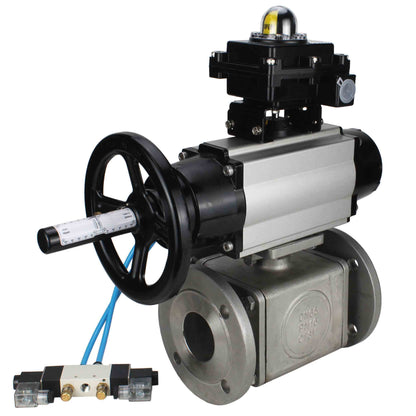 Ball valves DNOVA BV3232P(4pc)-FP-3WL-F-ISO-H DN100 16 bar full bore, flanged, body - stainless steel SS316, ISO flange F10/F12, square 19x19, with double pneumatic actuator PA-DA-105-1 action, pneumatic distributor 4V320-10 220V and LSU APL-410N E