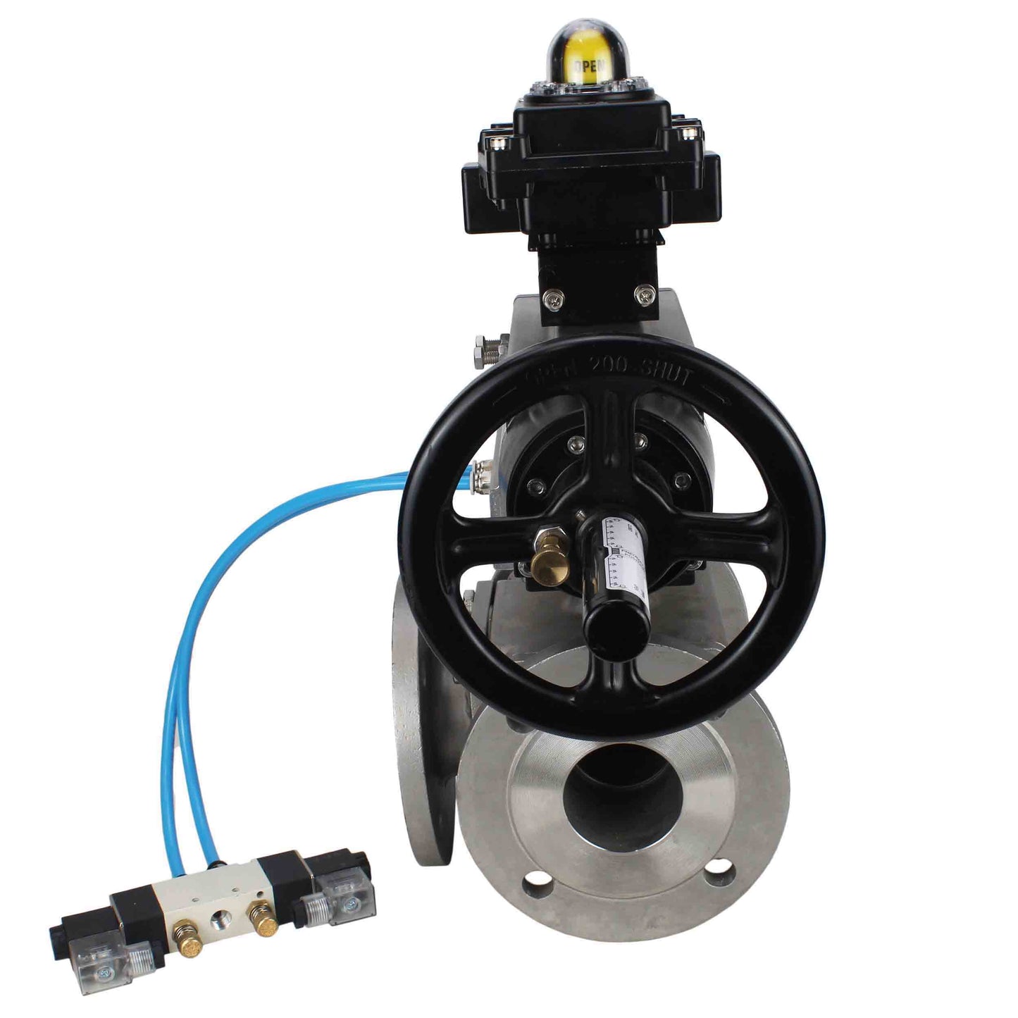 Ball valves DNOVA BV3232P(4pc)-FP-3WL-F-ISO-H DN100 16 bar full bore, flanged, body - stainless steel SS316, ISO flange F10/F12, square 19x19, with double pneumatic actuator PA-DA-105-1 action, pneumatic distributor 4V320-10 220V and LSU APL-410N E