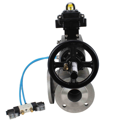 Ball valves DNOVA BV3232P(4pc)-FP-3WL-F-ISO-H DN100 16 bar full bore, flanged, body - stainless steel SS316, ISO flange F10/F12, square 19x19, with double pneumatic actuator PA-DA-105-1 action, pneumatic distributor 4V320-10 220V and LSU APL-410N E