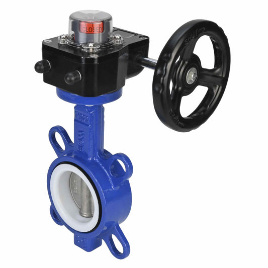 Válvula de mariposa de agua DNOVA WCB-316L-PTFE-HAM, material del cuerpo - acero al carbono WCB, material del disco - acero inoxidable AISI 316L, sello - PTFE, operada por engranajes