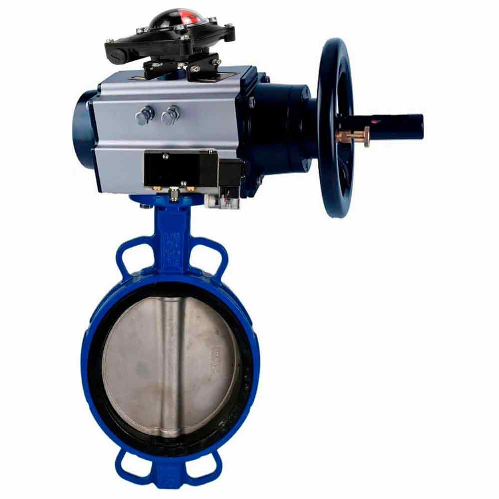 صمام فراشة الماء DNOVA WBV1413E-2W-Fb مادة الهيكل - حديد زهر GGG50/EN-GJS-500-7، مادة القرص - حديد زهر GGG40/EN-GJS-400-15، الختم - EPDM مع مشغل هوائي مزدوج الفعل PA-DA-105-1، موزع هوائي 4M310-08، مفتاح حد APL-210N