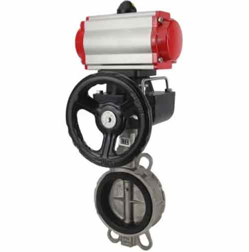Válvula de mariposa de agua DNOVA st-316l-viton-da-hdm, material del cuerpo - acero al carbono WCB, material del disco - acero inoxidable AISI 316L, sello - VITON, actuador neumático operado