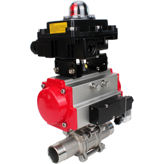 Ball valves DNOVA BV3131P(3pc)-FP-W-ISO-H LONG DN10-150 full bore, body - stainless steel 304, for welding, with pneumatic actuator PA-DA, pneumatic distributor 4M310-08 220V and limit switch block APL -410N EX