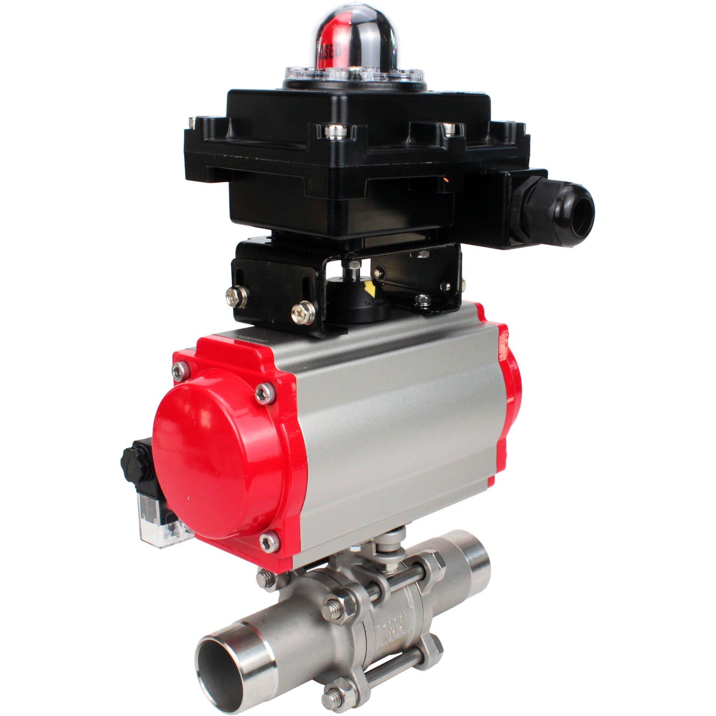 Ball valves DNOVA BV3131P(3pc)-FP-W-ISO-H LONG DN10-150 full bore, body - stainless steel 304, welded, with pneumatic actuator PA-DA, pneumatic distributor 4M310-08 24V and limit switch block APL -410N EX
