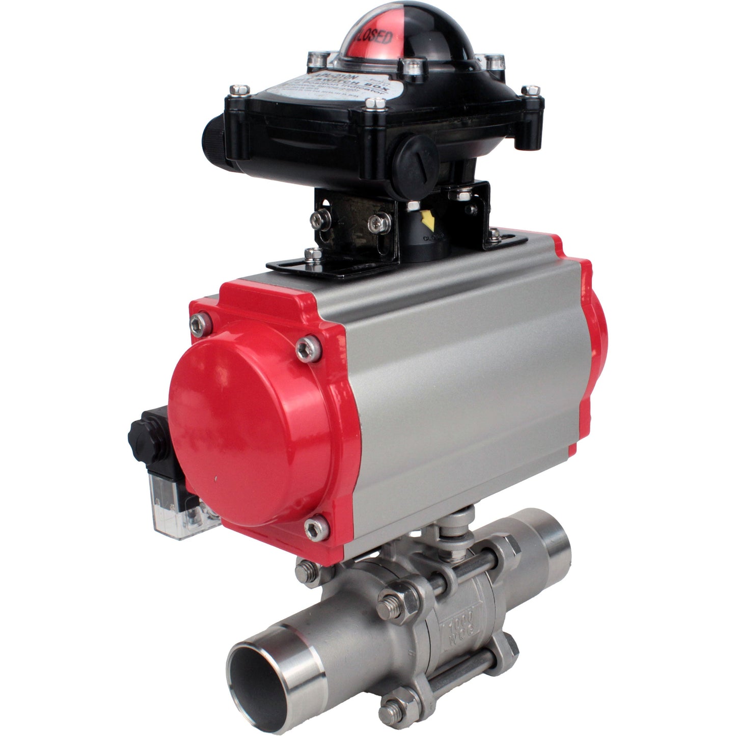 Ball valves DNOVA BV3131P(3pc)-FP-W-ISO-H LONG DN10-150 full bore, body - stainless steel 304, welded, with pneumatic actuator PA-DA, pneumatic distributor 4M310-08 24V and limit switch block APL -210N