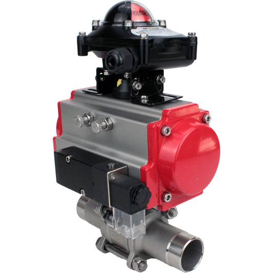 Ball valves DNOVA BV3131P(3pc)-FP-W-ISO-H LONG DN10-150 full bore, body - stainless steel 304, for welding, with pneumatic actuator PA-DA, pneumatic distributor 4M310-08 220V and limit switch block APL -210N