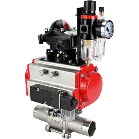 Ball valves DNOVA BV3131P(3pc)-FP-W-ISO-H LONG DN10-150 full bore, body - stainless steel 304, for welding, with pneumatic actuator PA-DA, pneumatic distributor 4M310-08 220V, LSU APL-210N and GSV AFC2000